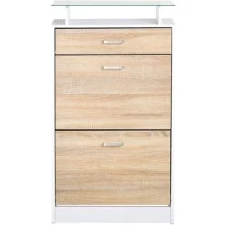 HOMCOM Armoire à Chaussures Organisateur De Luxe Pour Chaussures 2 Portes Abattantes 2 Compartiments, Tiroir, étagère Verre Panneaux Particules Chêne Blanc -France HOMCOM Soldes 2022 20066362 4