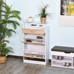HOMCOM Armoire à Chaussures Organisateur De Luxe Pour Chaussures 2 Portes Abattantes 2 Compartiments, Tiroir, étagère Verre Panneaux Particules Chêne Blanc -France HOMCOM Soldes 2022 20066362 5
