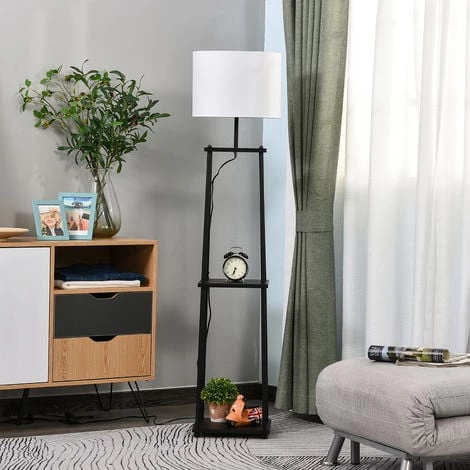 HOMCOM Lampadaire Design Contemporain 3 étagères Intégrées 40 W Max. Dim. 34L X 34l X 150H Cm MDF Métal Noir Abat-jour Blanc 4 HOMCOM Lampadaire Design Contemporain 3 étagères Intégrées 40 W Max. Dim. 34L X 34l X 150H Cm MDF Métal Noir Abat-jour Blanc – Image 2