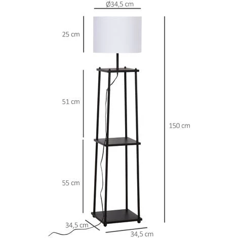 HOMCOM Lampadaire Design Contemporain 3 étagères Intégrées 40 W Max. Dim. 34L X 34l X 150H Cm MDF Métal Noir Abat-jour Blanc 5 HOMCOM Lampadaire Design Contemporain 3 étagères Intégrées 40 W Max. Dim. 34L X 34l X 150H Cm MDF Métal Noir Abat-jour Blanc – Image 3