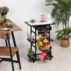 HOMCOM Chariot De Service Desserte De Cuisine à Roulettes Multi-rangements 4 Paniers Métal Tiroir + 4 Range-bouteilles Bois Pin Noir Plateau Carrelé Blanc - Noir -France HOMCOM Soldes 2022 20209086 4