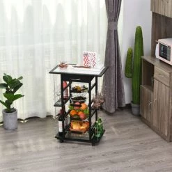 HOMCOM Chariot De Service Desserte De Cuisine à Roulettes Multi-rangements 4 Paniers Métal Tiroir + 4 Range-bouteilles Bois Pin Noir Plateau Carrelé Blanc - Noir -France HOMCOM Soldes 2022 20209086 5