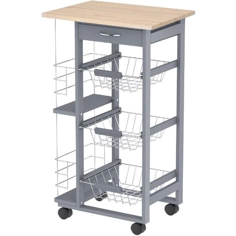 HOMCOM Chariot De Service Desserte De Cuisine à Roulettes Multi-rangements 3 Paniers Métal Tiroir + 2 Range-bouteilles Bois Pin Gris - Gris 3 HOMCOM Chariot De Service Desserte De Cuisine à Roulettes Multi-rangements 3 Paniers Métal Tiroir + 2 Range-bouteilles Bois Pin Gris - Gris