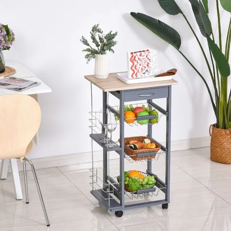 HOMCOM Chariot De Service Desserte De Cuisine à Roulettes Multi-rangements 3 Paniers Métal Tiroir + 2 Range-bouteilles Bois Pin Gris - Gris 4 HOMCOM Chariot De Service Desserte De Cuisine à Roulettes Multi-rangements 3 Paniers Métal Tiroir + 2 Range-bouteilles Bois Pin Gris - Gris – Image 2