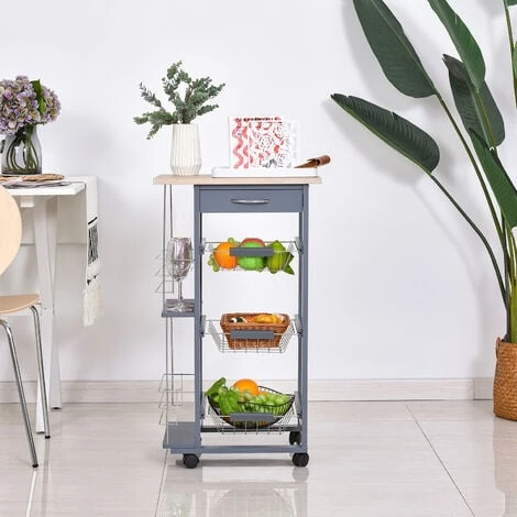 HOMCOM Chariot De Service Desserte De Cuisine à Roulettes Multi-rangements 3 Paniers Métal Tiroir + 2 Range-bouteilles Bois Pin Gris - Gris 6 HOMCOM Chariot De Service Desserte De Cuisine à Roulettes Multi-rangements 3 Paniers Métal Tiroir + 2 Range-bouteilles Bois Pin Gris - Gris – Image 4