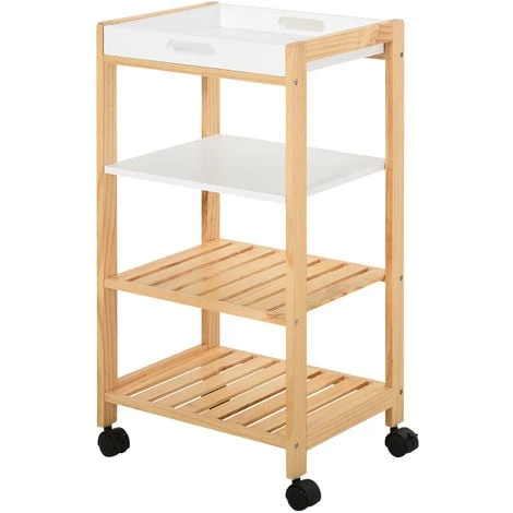 HOMCOM Chariot De Service Desserte De Cuisine à Roulettes 3 étagères + Plateau Amovible Bois De Pin MDF Blanc 3 HOMCOM Chariot De Service Desserte De Cuisine à Roulettes 3 étagères + Plateau Amovible Bois De Pin MDF Blanc