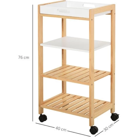 HOMCOM Chariot De Service Desserte De Cuisine à Roulettes 3 étagères + Plateau Amovible Bois De Pin MDF Blanc 5 HOMCOM Chariot De Service Desserte De Cuisine à Roulettes 3 étagères + Plateau Amovible Bois De Pin MDF Blanc – Image 3