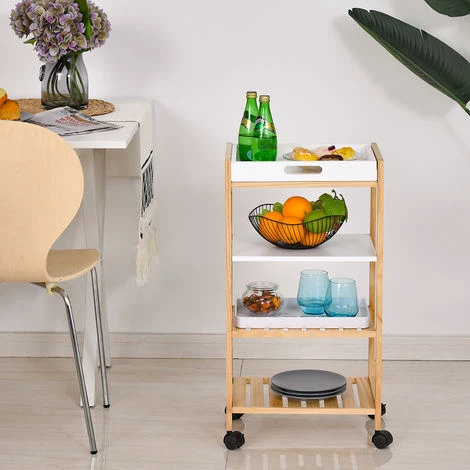 HOMCOM Chariot De Service Desserte De Cuisine à Roulettes 3 étagères + Plateau Amovible Bois De Pin MDF Blanc 6 HOMCOM Chariot De Service Desserte De Cuisine à Roulettes 3 étagères + Plateau Amovible Bois De Pin MDF Blanc – Image 4