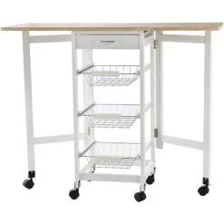 HOMCOM Chariot De Service Desserte De Cuisine à Roulettes Multi-rangements 3 Paniers Métal + Tiroir + Rallonges MDF Blanc Chêne Clair - Blanc