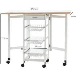 HOMCOM Chariot De Service Desserte De Cuisine à Roulettes Multi-rangements 3 Paniers Métal + Tiroir + Rallonges MDF Blanc Chêne Clair - Blanc -France HOMCOM Soldes 2022 20287933 3
