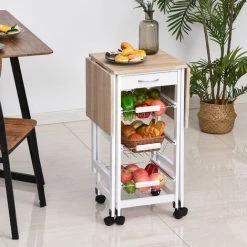 HOMCOM Chariot De Service Desserte De Cuisine à Roulettes Multi-rangements 3 Paniers Métal + Tiroir + Rallonges MDF Blanc Chêne Clair - Blanc -France HOMCOM Soldes 2022 20287933 4