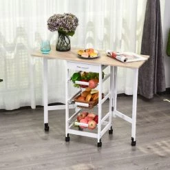 HOMCOM Chariot De Service Desserte De Cuisine à Roulettes Multi-rangements 3 Paniers Métal + Tiroir + Rallonges MDF Blanc Chêne Clair - Blanc -France HOMCOM Soldes 2022 20287933 5