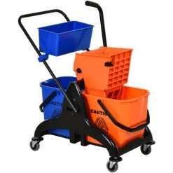 HOMCOM Chariot De Lavage Chariot De Nettoyage Professionnel Presse à Mâchoire 2 Seaux + Rangement Orange Bleu - Orange