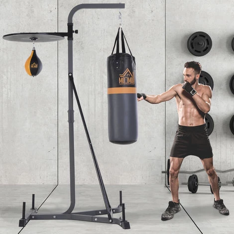 HOMCOM Portique Sac De Frappe Plateforme Station De Boxe Complète Avec Sac De Frappe + Poire De Vitesse Hauteur Réglable 5 Niveaux Pompe à Air Fournie Acier Noir Gris - Noir 4 HOMCOM Portique Sac De Frappe Plateforme Station De Boxe Complète Avec Sac De Frappe + Poire De Vitesse Hauteur Réglable 5 Niveaux Pompe à Air Fournie Acier Noir Gris - Noir – Image 2