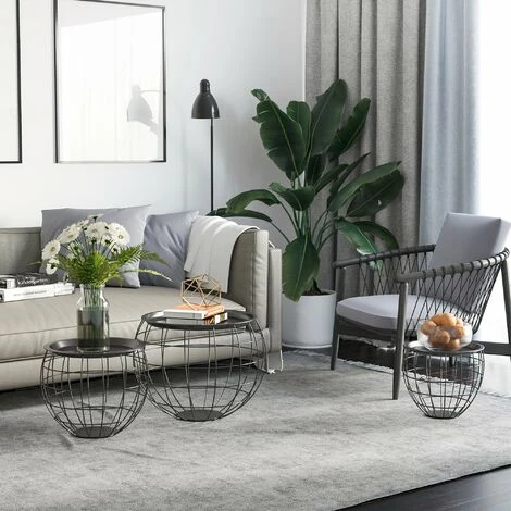 HOMCOM Lot De 3 Tables Basses Gigognes Tables D'appoint Rondes Encastrables Style Néo-rétro Métal Noir - Noir 4 HOMCOM Lot De 3 Tables Basses Gigognes Tables D'appoint Rondes Encastrables Style Néo-rétro Métal Noir - Noir – Image 2