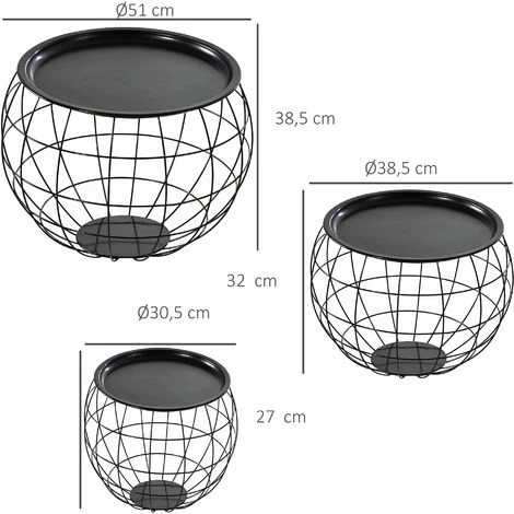 HOMCOM Lot De 3 Tables Basses Gigognes Tables D'appoint Rondes Encastrables Style Néo-rétro Métal Noir - Noir 5 HOMCOM Lot De 3 Tables Basses Gigognes Tables D'appoint Rondes Encastrables Style Néo-rétro Métal Noir - Noir – Image 3