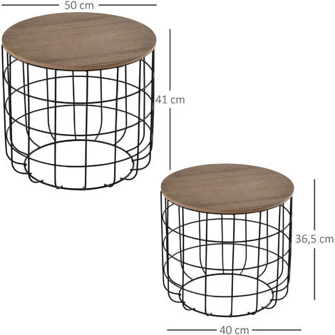 HOMCOM Lot De 2 Tables Basses Gigognes Tables D'appoint Rondes Encastrables Style Industriel Métal Noir Panneaux Particules Imitation Bois - Noir 5 HOMCOM Lot De 2 Tables Basses Gigognes Tables D'appoint Rondes Encastrables Style Industriel Métal Noir Panneaux Particules Imitation Bois - Noir – Image 3