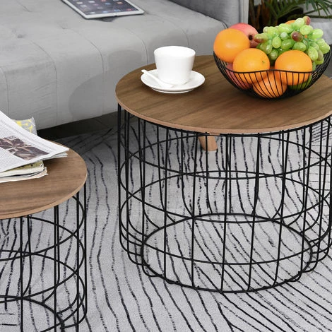 HOMCOM Lot De 2 Tables Basses Gigognes Tables D'appoint Rondes Encastrables Style Industriel Métal Noir Panneaux Particules Imitation Bois - Noir 7 HOMCOM Lot De 2 Tables Basses Gigognes Tables D'appoint Rondes Encastrables Style Industriel Métal Noir Panneaux Particules Imitation Bois - Noir – Image 5