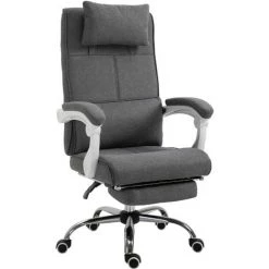 HOMCOM Fauteuil De Bureau Manager Grand Confort Repose-pied Tétière Intégrés Dossier Inclinable Lin Gris