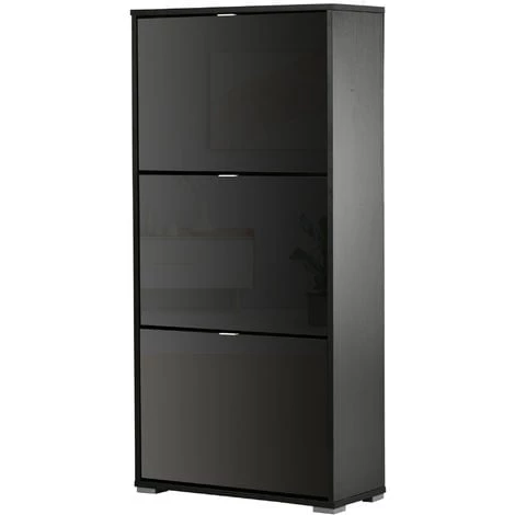 HOMCOM Meuble à Chaussures 3 Portes Abattantes 3 Compartiments MDF Noir Laqué - Noir 3 HOMCOM Meuble à Chaussures 3 Portes Abattantes 3 Compartiments MDF Noir Laqué - Noir