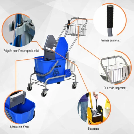 HOMCOM Chariot De Lavage Chariot De Nettoyage Professionnel En Acier Presse à Mâchoire Seau + Rangements Bleu - Bleu 6 HOMCOM Chariot De Lavage Chariot De Nettoyage Professionnel En Acier Presse à Mâchoire Seau + Rangements Bleu - Bleu – Image 4
