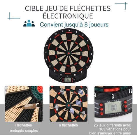 HOMCOM Cible Jeu De Fléchettes électronique 26 Jeux Jusqu'à 8 Joueurs Affichage LCD Haut-parleur Noir - Noir 6 HOMCOM Cible Jeu De Fléchettes électronique 26 Jeux Jusqu'à 8 Joueurs Affichage LCD Haut-parleur Noir - Noir – Image 4