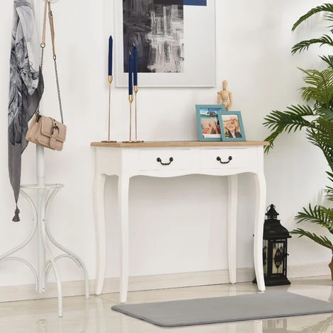 HOMCOM Console Style Table De Drapier Style Shabby Chic 2 Tiroirs Dim. 87L X 34l X 78H Cm MDF Bois Massif Pin Clair Blanc - Blanc 4 HOMCOM Console Style Table De Drapier Style Shabby Chic 2 Tiroirs Dim. 87L X 34l X 78H Cm MDF Bois Massif Pin Clair Blanc - Blanc – Image 2