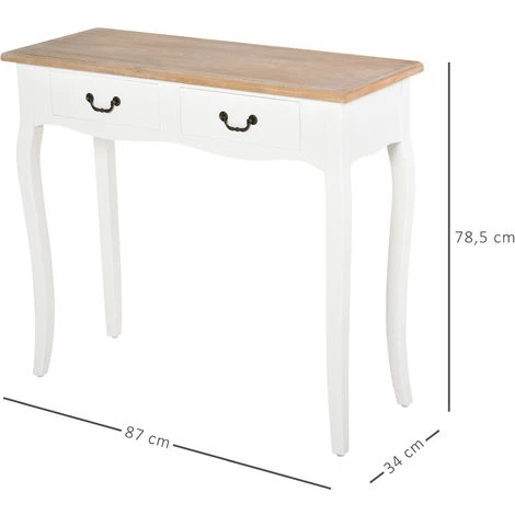 HOMCOM Console Style Table De Drapier Style Shabby Chic 2 Tiroirs Dim. 87L X 34l X 78H Cm MDF Bois Massif Pin Clair Blanc - Blanc 5 HOMCOM Console Style Table De Drapier Style Shabby Chic 2 Tiroirs Dim. 87L X 34l X 78H Cm MDF Bois Massif Pin Clair Blanc - Blanc – Image 3
