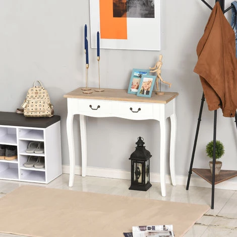 HOMCOM Console Style Table De Drapier Style Shabby Chic 2 Tiroirs Dim. 87L X 34l X 78H Cm MDF Bois Massif Pin Clair Blanc - Blanc 6 HOMCOM Console Style Table De Drapier Style Shabby Chic 2 Tiroirs Dim. 87L X 34l X 78H Cm MDF Bois Massif Pin Clair Blanc - Blanc – Image 4