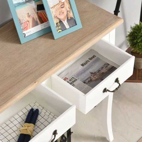 HOMCOM Console Style Table De Drapier Style Shabby Chic 2 Tiroirs Dim. 87L X 34l X 78H Cm MDF Bois Massif Pin Clair Blanc - Blanc 7 HOMCOM Console Style Table De Drapier Style Shabby Chic 2 Tiroirs Dim. 87L X 34l X 78H Cm MDF Bois Massif Pin Clair Blanc - Blanc – Image 5