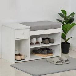 HOMCOM Meuble Chaussures Banc à Chaussures 2 Niveaux Rangement, Niche, Tiroir, Coffre Intégré Avec Coussin Gris Blanc - Blanc -France HOMCOM Soldes 2022 21521151 4