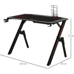 HOMCOM Bureau Gaming Bureau Gamer Bureau Informatique Bracket Support Casque Porte-gobelet Et Tapis Souris Fournis Métal MDF Noir Rouge - Noir -France HOMCOM Soldes 2022 21521155 3