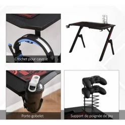 HOMCOM Bureau Gaming Bureau Gamer Bureau Informatique Bracket Support Casque Porte-gobelet Et Tapis Souris Fournis Métal MDF Noir Rouge - Noir -France HOMCOM Soldes 2022 21521155 5
