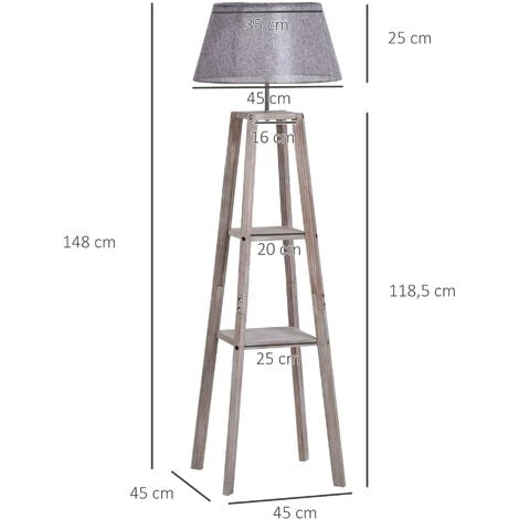 HOMCOM Lampadaire Design Contemporain 2 étagères Intégrées 60 W Max. Dim. 53L X 53l X 148H Cm Pin Lin Gris - Gris 5 HOMCOM Lampadaire Design Contemporain 2 étagères Intégrées 60 W Max. Dim. 53L X 53l X 148H Cm Pin Lin Gris - Gris – Image 3