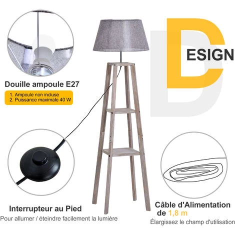 HOMCOM Lampadaire Design Contemporain 2 étagères Intégrées 60 W Max. Dim. 53L X 53l X 148H Cm Pin Lin Gris - Gris 7 HOMCOM Lampadaire Design Contemporain 2 étagères Intégrées 60 W Max. Dim. 53L X 53l X 148H Cm Pin Lin Gris - Gris – Image 5