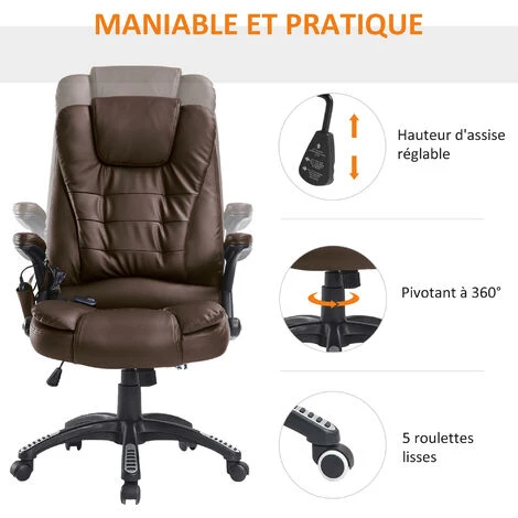 HOMCOM Fauteuil De Bureau Direction Pivotant Massant Chauffant électrique Revêtement Synthétique Chocolat 7 HOMCOM Fauteuil De Bureau Direction Pivotant Massant Chauffant électrique Revêtement Synthétique Chocolat – Image 5