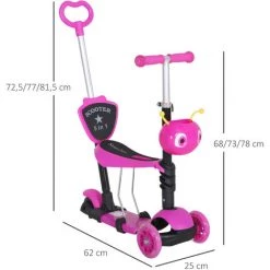 HOMCOM Trottinette Pour Enfants Trottinette 3 Roues évolutive 3 En 1 Hauteur Guidon Réglable Canne Telescopique Selle Dossier Amovible Rose - Rose -France HOMCOM Soldes 2022 22133289 3