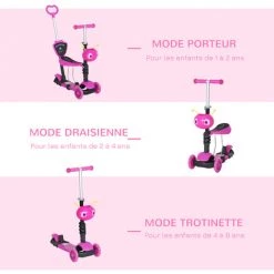 HOMCOM Trottinette Pour Enfants Trottinette 3 Roues évolutive 3 En 1 Hauteur Guidon Réglable Canne Telescopique Selle Dossier Amovible Rose - Rose -France HOMCOM Soldes 2022 22133289 5
