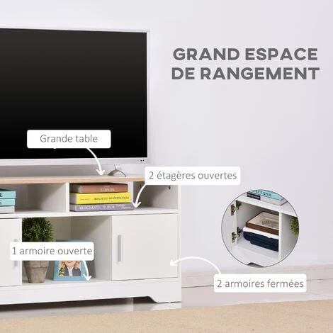 HOMCOM Meuble TV Banc TV En Bois Grand Espace De Rangement Avec 2 Compartiments Ouverts 2 Armoires à Porte Une Armoire Ouverte 105 X 40 X 52 Cm Blanc - Blanc 7 HOMCOM Meuble TV Banc TV En Bois Grand Espace De Rangement Avec 2 Compartiments Ouverts 2 Armoires à Porte Une Armoire Ouverte 105 X 40 X 52 Cm Blanc - Blanc – Image 5