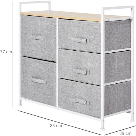 HOMCOM Commode Meuble De Rangement 5 Tiroirs Amovibles Pour Chambre Salon Cuisine 83 X 29 X 77 Cm Gris - Gris 5 HOMCOM Commode Meuble De Rangement 5 Tiroirs Amovibles Pour Chambre Salon Cuisine 83 X 29 X 77 Cm Gris - Gris – Image 3