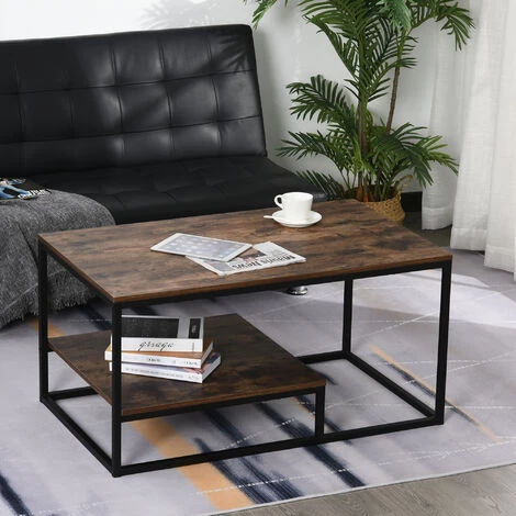 HOMCOM Table Basse En Bois Table De Salon Avec Grand Plateau Et Étagère Design Élégant Rétro Idéale Pour Salon Chambre Bureau 100 X 60 X 50 Cm Brun 4 HOMCOM Table Basse En Bois Table De Salon Avec Grand Plateau Et Étagère Design Élégant Rétro Idéale Pour Salon Chambre Bureau 100 X 60 X 50 Cm Brun â Image 2