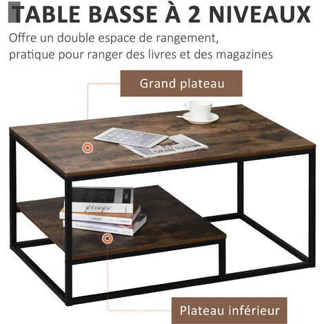 HOMCOM Table Basse En Bois Table De Salon Avec Grand Plateau Et Étagère Design Élégant Rétro Idéale Pour Salon Chambre Bureau 100 X 60 X 50 Cm Brun 7 HOMCOM Table Basse En Bois Table De Salon Avec Grand Plateau Et Étagère Design Élégant Rétro Idéale Pour Salon Chambre Bureau 100 X 60 X 50 Cm Brun â Image 5