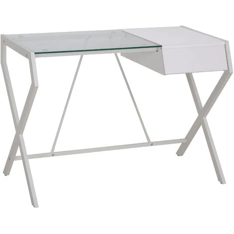 HOMCOM Bureau Informatique Table Ordinateur Design Contemporain Métal Panneaux De Particules Blanc Bois De Chêne Verre - Blanc 3 HOMCOM Bureau Informatique Table Ordinateur Design Contemporain Métal Panneaux De Particules Blanc Bois De Chêne Verre - Blanc