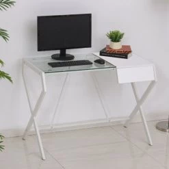 HOMCOM Bureau Informatique Table Ordinateur Design Contemporain Métal Panneaux De Particules Blanc Bois De Chêne Verre - Blanc 8 HOMCOM Bureau Informatique Table Ordinateur Design Contemporain Métal Panneaux De Particules Blanc Bois De Chêne Verre - Blanc -France HOMCOM Soldes 2022 22964192 2
