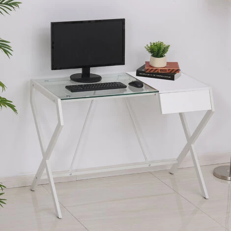 HOMCOM Bureau Informatique Table Ordinateur Design Contemporain Métal Panneaux De Particules Blanc Bois De Chêne Verre - Blanc 4 HOMCOM Bureau Informatique Table Ordinateur Design Contemporain Métal Panneaux De Particules Blanc Bois De Chêne Verre - Blanc – Image 2