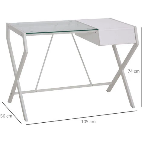 HOMCOM Bureau Informatique Table Ordinateur Design Contemporain Métal Panneaux De Particules Blanc Bois De Chêne Verre - Blanc 5 HOMCOM Bureau Informatique Table Ordinateur Design Contemporain Métal Panneaux De Particules Blanc Bois De Chêne Verre - Blanc – Image 3