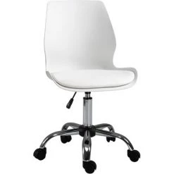 HOMCOM Chaise De Bureau Design Contemporain Hauteur Réglable Pivotant 360° Piètement Chromé Revêtement Synthétique Blanc - Blanc