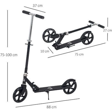 HOMCOM Trottinette Pliable Hauteur Guidon Réglable Sur 4 Niveaux Système De Freinage Arrière Noir Dim. 88L X 37l X 75-100H Cm 5 HOMCOM Trottinette Pliable Hauteur Guidon Réglable Sur 4 Niveaux Système De Freinage Arrière Noir Dim. 88L X 37l X 75-100H Cm – Image 3