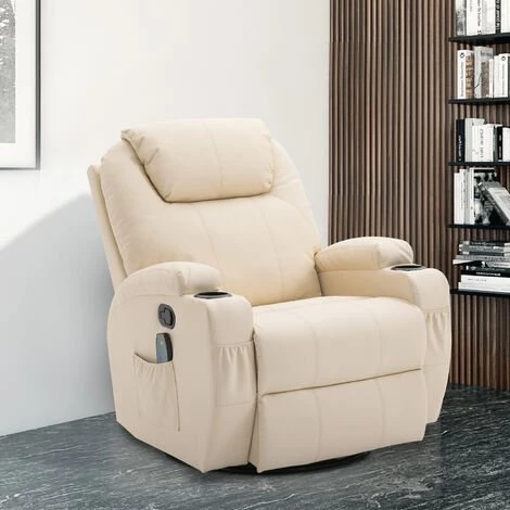 HOMCOM Fauteuil De Relaxation Massant Chauffant Et Vibrant Inclinable Pivotant à 360° Revêtement Synthétique 84L X 94l X 109Hcm Beige 4 HOMCOM Fauteuil De Relaxation Massant Chauffant Et Vibrant Inclinable Pivotant à 360° Revêtement Synthétique 84L X 94l X 109Hcm Beige – Image 2