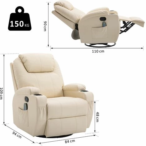 HOMCOM Fauteuil De Relaxation Massant Chauffant Et Vibrant Inclinable Pivotant à 360° Revêtement Synthétique 84L X 94l X 109Hcm Beige 5 HOMCOM Fauteuil De Relaxation Massant Chauffant Et Vibrant Inclinable Pivotant à 360° Revêtement Synthétique 84L X 94l X 109Hcm Beige – Image 3